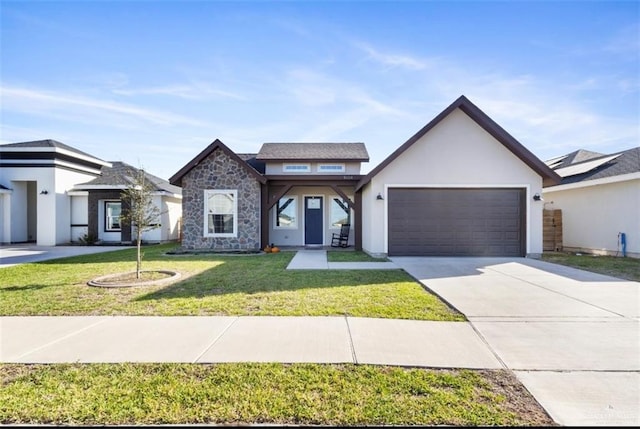 view of front of house with a front lawn, stucco siding, a garage, stone siding, and driveway