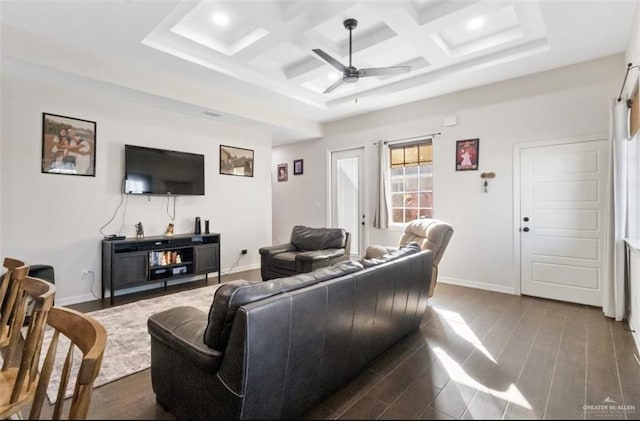 living room featuring dark wood-style floors, coffered ceiling, baseboards, and ceiling fan