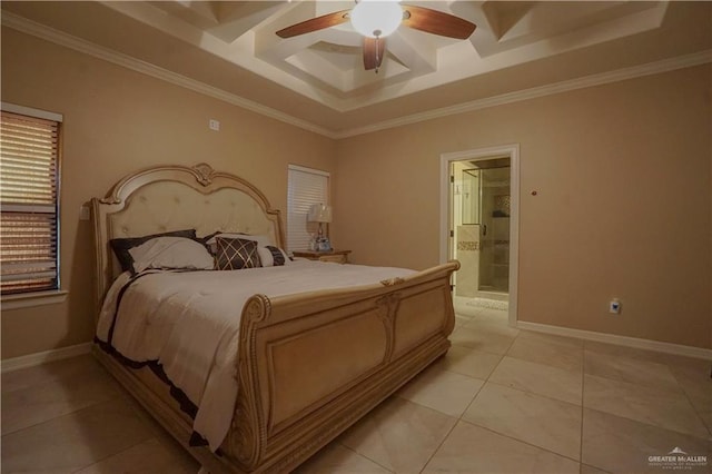 tiled bedroom with a raised ceiling, ensuite bathroom, crown molding, and ceiling fan