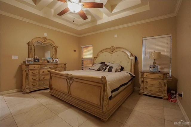 bedroom featuring ceiling fan, ornamental molding, a tray ceiling, and light tile patterned floors