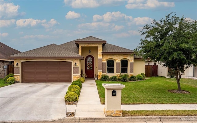 mediterranean / spanish-style house featuring a garage, a front lawn, fence, stone siding, and concrete driveway
