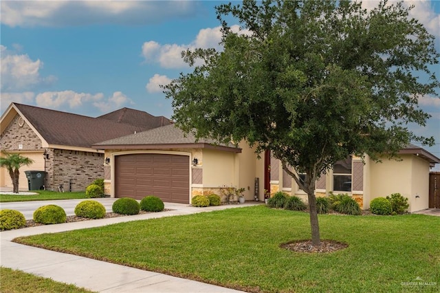 view of front of property with an attached garage, a front lawn, stone siding, stucco siding, and concrete driveway