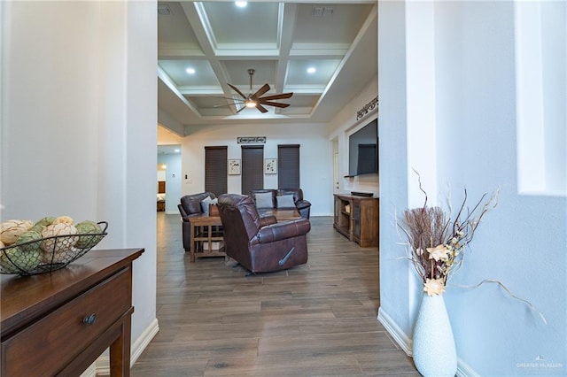 living room featuring dark wood-style flooring, ceiling fan, beamed ceiling, visible vents, and coffered ceiling
