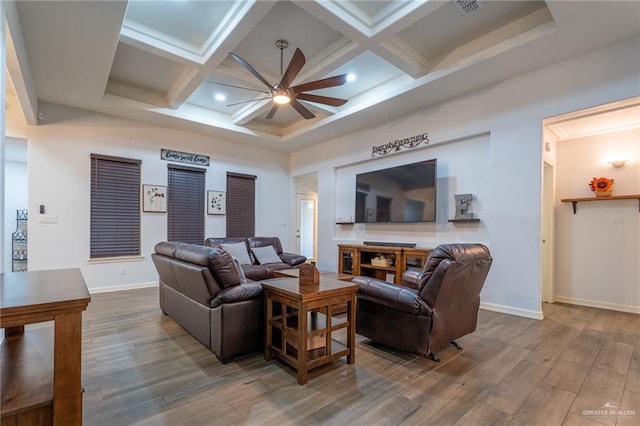 living room featuring a ceiling fan, wood finished floors, and coffered ceiling