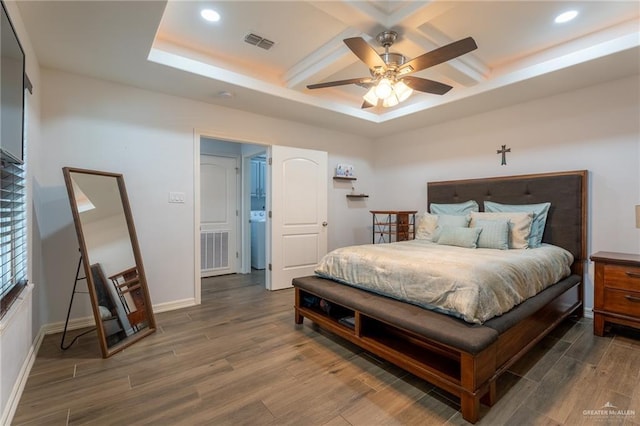 bedroom featuring recessed lighting, visible vents, wood finished floors, and coffered ceiling