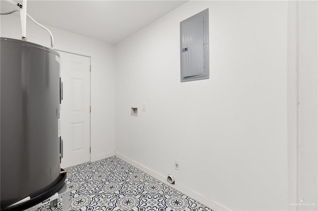 2901 Upas Ave, Mcallen, TX 78501 - laundry area featuring baseboards, electric panel, laundry area, electric water heater, and hookup for an electric dryer