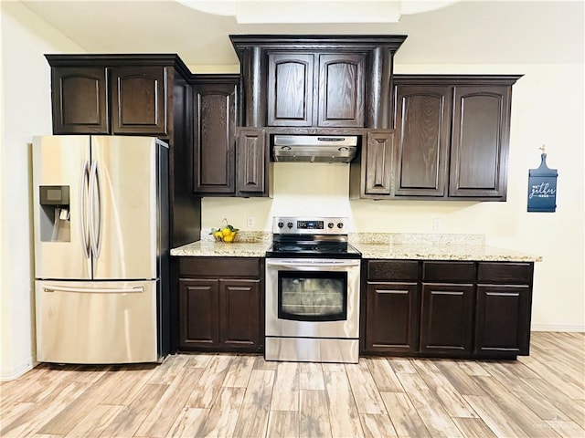 kitchen featuring dark brown cabinetry, stainless steel appliances, light wood finished floors, and exhaust hood