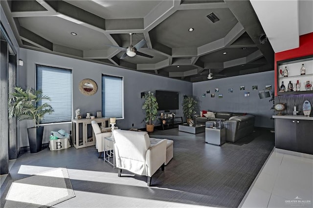 living room with visible vents, coffered ceiling, and a ceiling fan