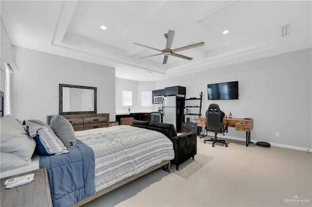 bedroom featuring recessed lighting, coffered ceiling, visible vents, baseboards, and a wall mounted air conditioner