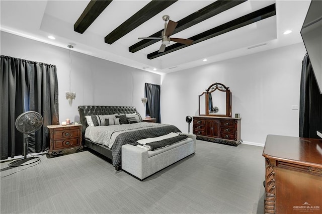 bedroom with baseboards, visible vents, a ceiling fan, beamed ceiling, and recessed lighting