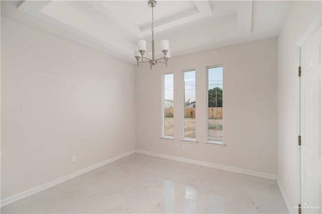3216 E Alexa St, Edinburg, TX 78542 - spare room with light marble finish flooring, a chandelier, baseboards, and a tray ceiling