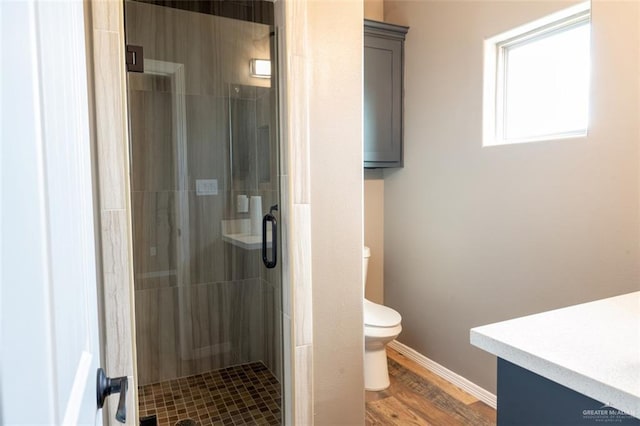 bathroom featuring vanity, toilet, a shower with door, and hardwood / wood-style floors