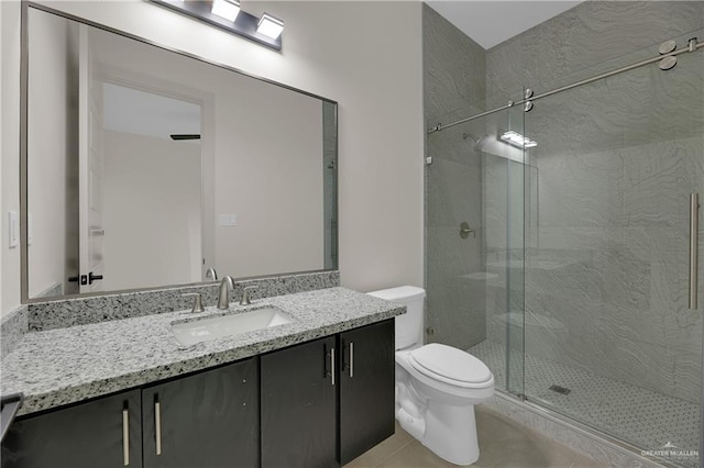 4712 S Waterford Ave, Edinburg, TX 78539 - full bathroom featuring toilet, vanity, a shower stall, and tile patterned flooring