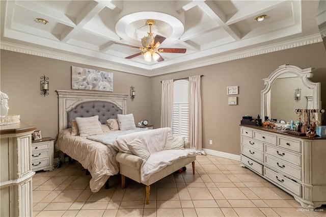 bedroom featuring coffered ceiling, light tile patterned flooring, crown molding, and ceiling fan