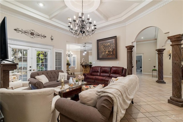 tiled living room with coffered ceiling, ornamental molding, decorative columns, and a chandelier