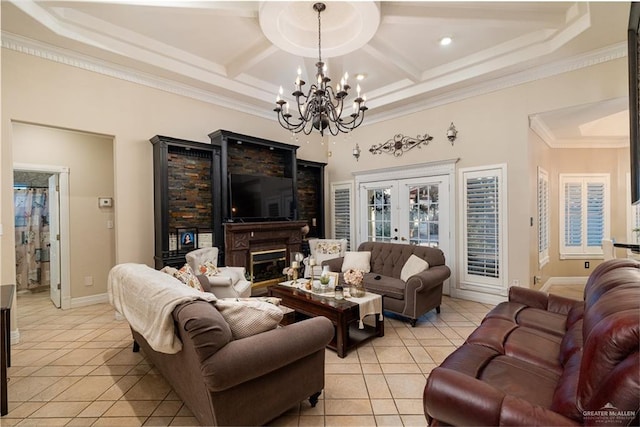 tiled living room featuring french doors, ornamental molding, coffered ceiling, and a chandelier