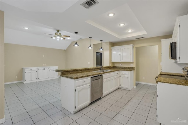 kitchen featuring stainless steel dishwasher, ceiling fan, white cabinetry, and kitchen peninsula