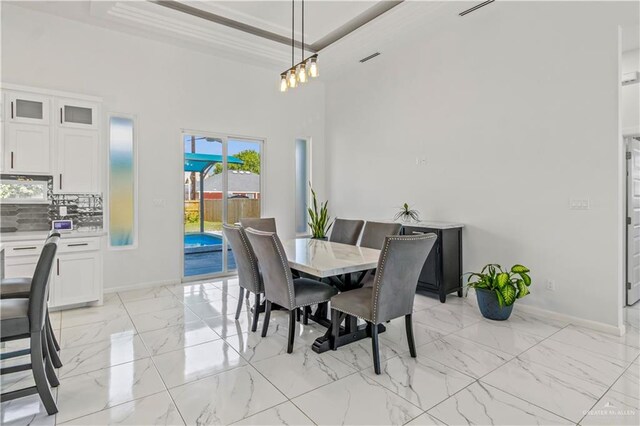 dining area with a raised ceiling