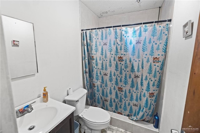 bathroom with vanity, toilet, a textured ceiling, and a shower with shower curtain