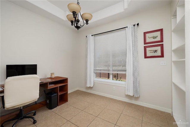 622 Comedy Ln, Edinburg, TX 78542 - home office with baseboards, light tile patterned floors, and a tray ceiling