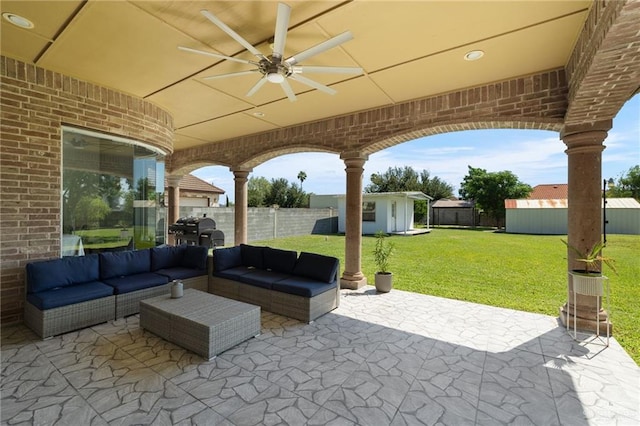 622 Comedy Ln, Edinburg, TX 78542 - view of patio with an outbuilding, ceiling fan, an outdoor hangout area, and a grill