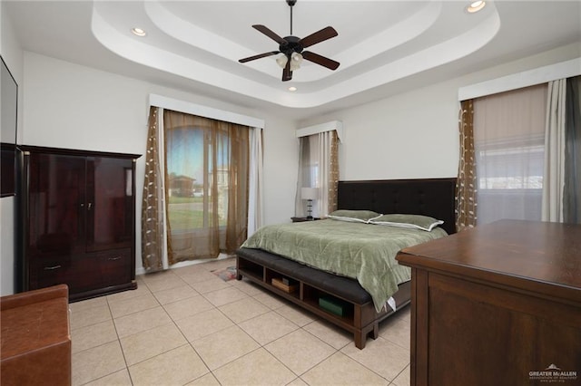 622 Comedy Ln, Edinburg, TX 78542 - bedroom with a raised ceiling, recessed lighting, light tile patterned flooring, and a ceiling fan