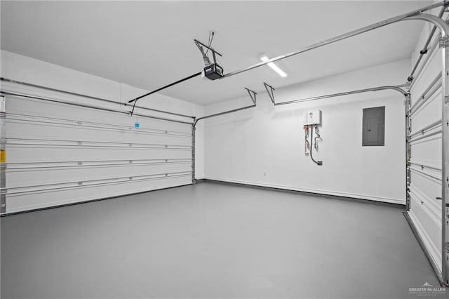 garage with electric panel and a garage door opener