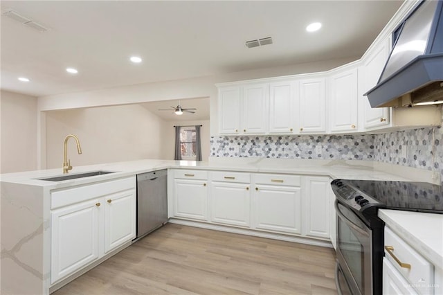 kitchen with sink, kitchen peninsula, custom range hood, stainless steel appliances, and white cabinets