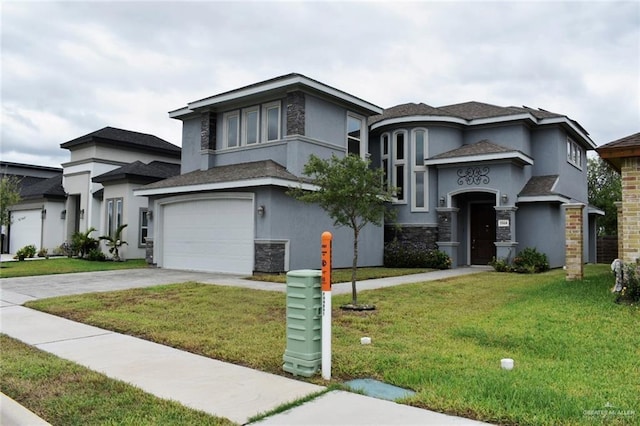 view of front of home featuring a garage, a front lawn, stucco siding, and concrete driveway
