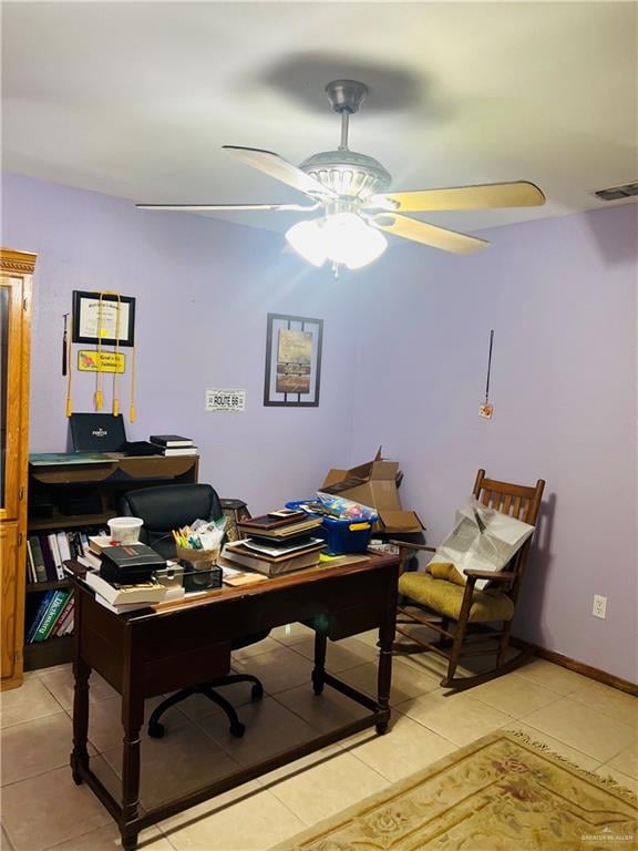 tiled office with ceiling fan