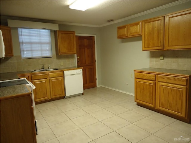 kitchen with dishwasher, stove, ornamental molding, and sink