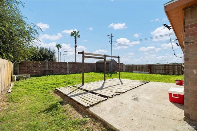 view of yard with a patio area and a storage shed