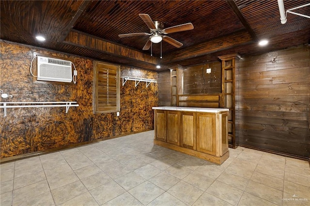 bar featuring wooden ceiling, a wall unit AC, and wooden walls