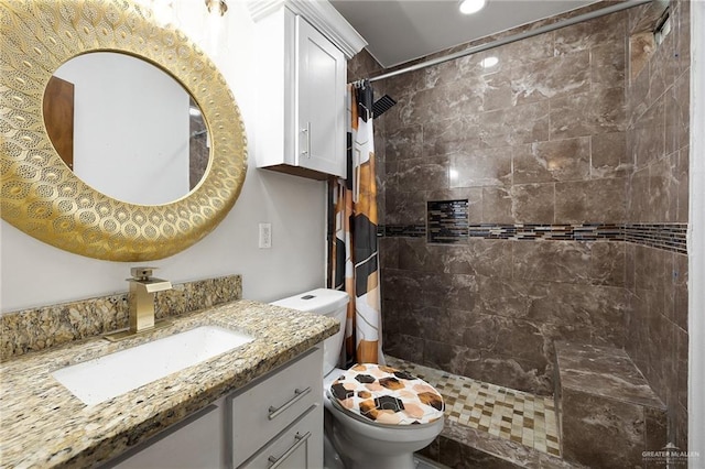 bathroom featuring vanity, toilet, and a shower with curtain