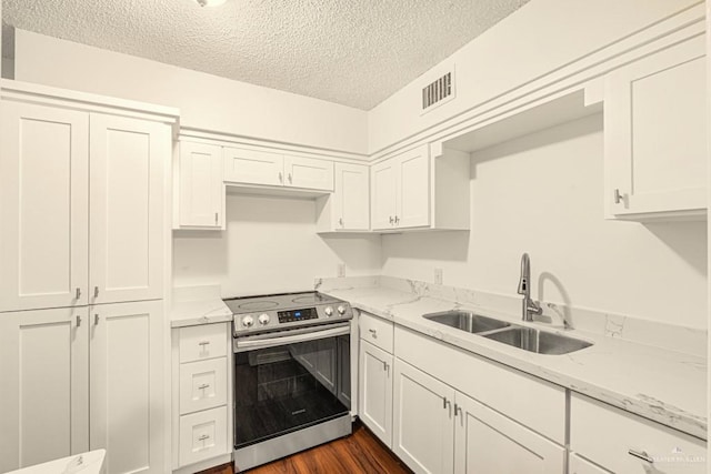 kitchen featuring dark hardwood / wood-style flooring, sink, stainless steel electric stove, and light stone countertops