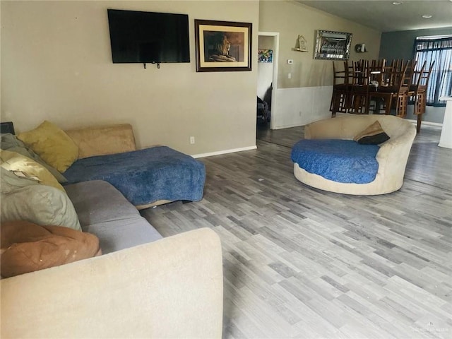 living room with wood-type flooring and lofted ceiling