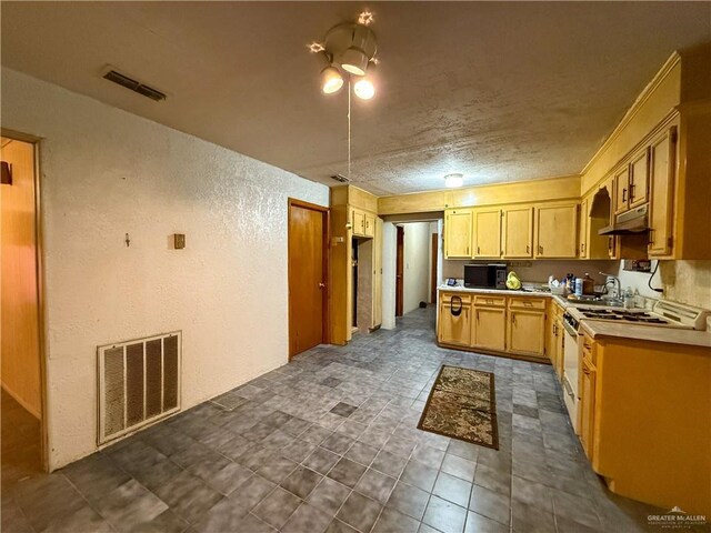 kitchen featuring light brown cabinetry, sink, and white range with gas stovetop