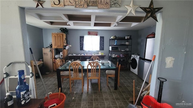 2313 E Walker Rd, Donna, TX 78537 - dining space featuring washer / dryer, coffered ceiling, and beamed ceiling