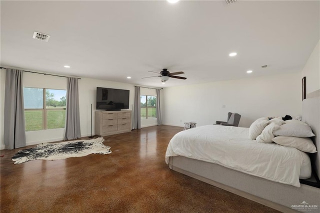 bedroom with visible vents, baseboards, recessed lighting, finished concrete flooring, and access to exterior
