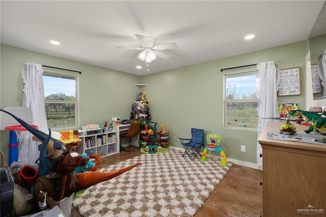 rec room featuring ceiling fan, baseboards, and recessed lighting