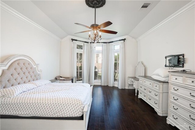 2405 San Alejandro St, Mission, TX 78572 - bedroom featuring dark wood finished floors, crown molding, access to exterior, ceiling fan, and baseboards