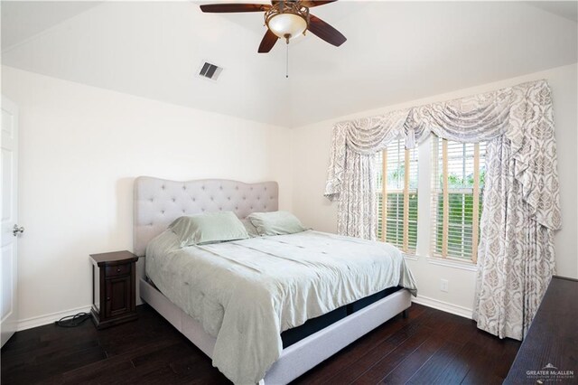 2405 San Alejandro St, Mission, TX 78572 - bedroom featuring wood-type flooring, baseboards, vaulted ceiling, and a ceiling fan