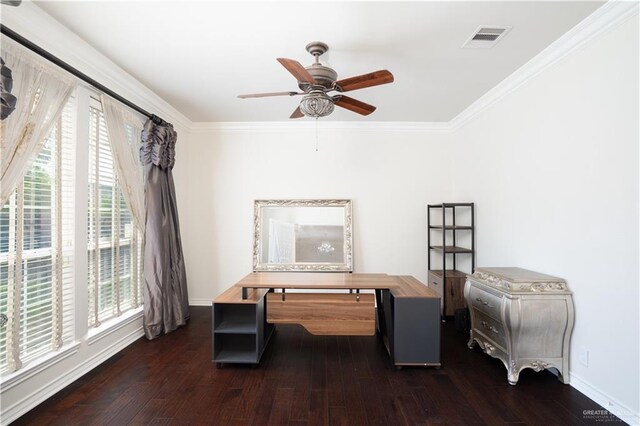 2405 San Alejandro St, Mission, TX 78572 - home office featuring a ceiling fan, dark wood-type flooring, baseboards, and crown molding