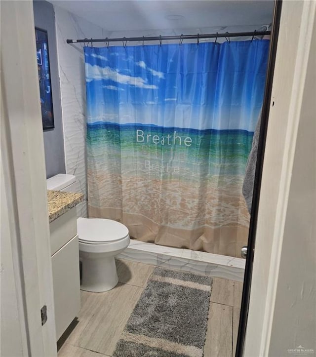 bathroom featuring walk in shower, vanity, and toilet