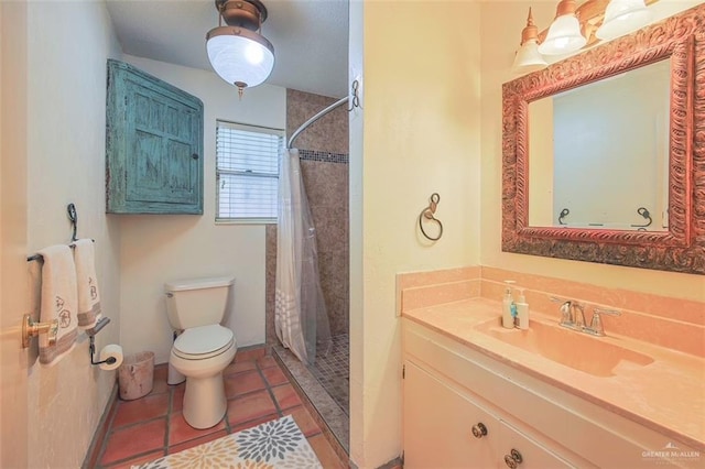 full bath with toilet, a shower stall, tile patterned flooring, and vanity