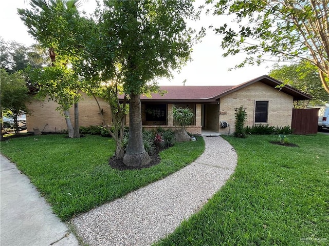 ranch-style home featuring a front yard and brick siding