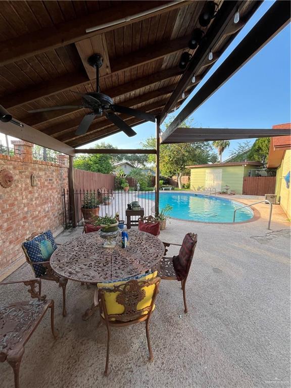 view of swimming pool featuring a fenced backyard, a ceiling fan, a patio, and a fenced in pool