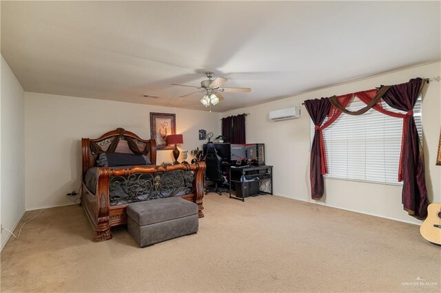 carpeted bedroom with a wall unit AC, baseboards, and a ceiling fan