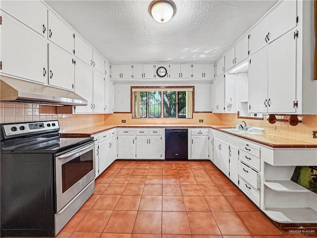 kitchen featuring dishwasher, sink, electric range, a textured ceiling, and white cabinetry