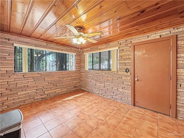 interior space featuring ceiling fan, a wealth of natural light, and wood ceiling